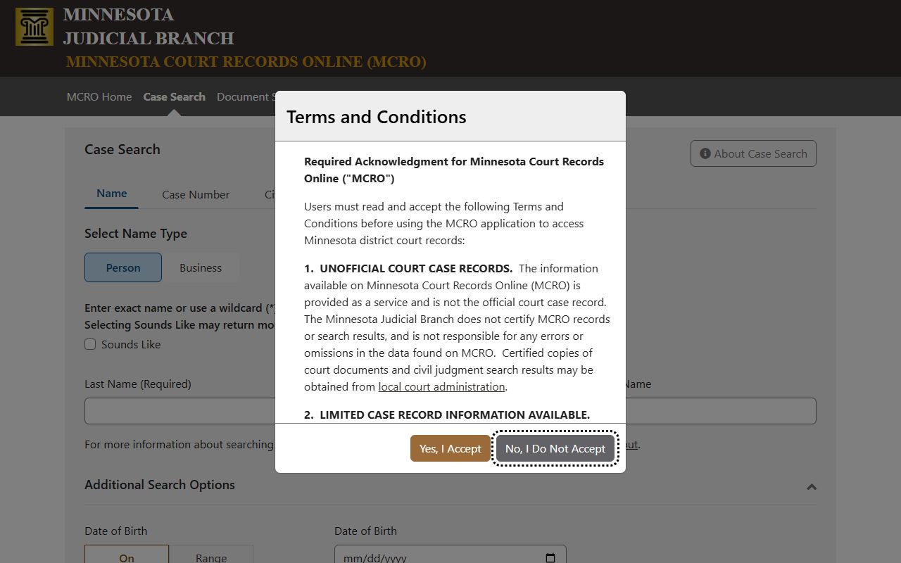 Big Stone County court records MCRO Case Search form