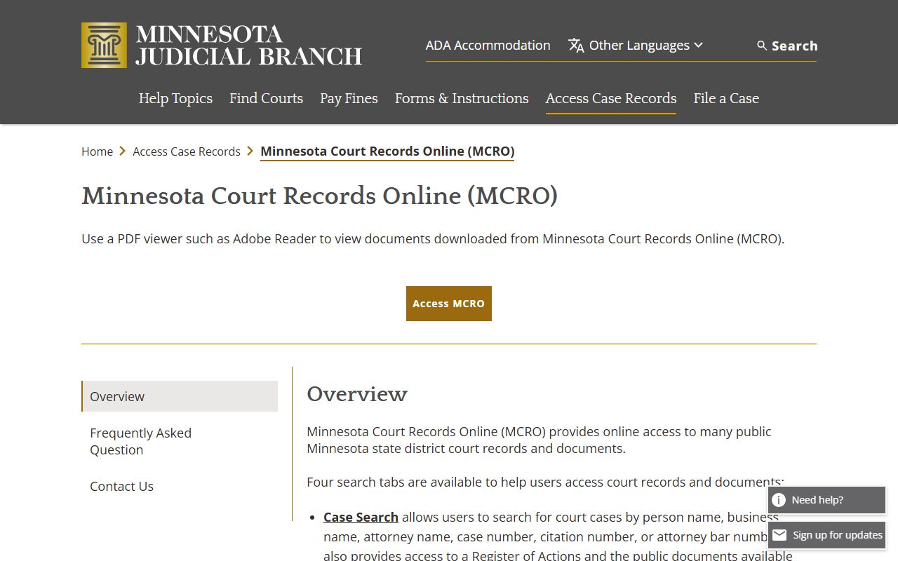 Big Stone County court records MCRO overview page